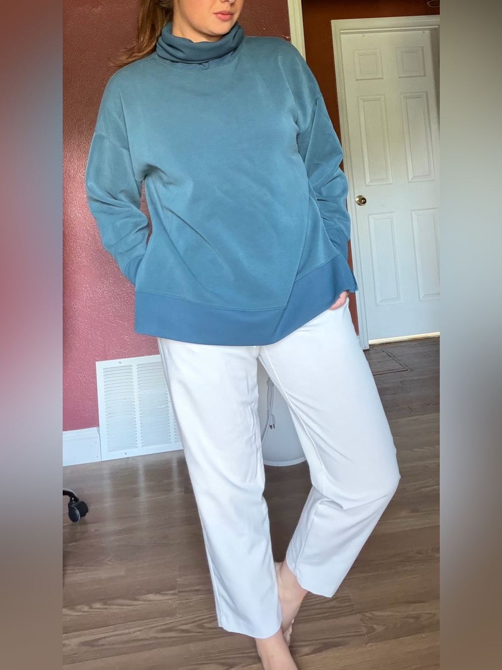 Relaxed High-Waist White Cropped Pants and Teal Leisure Turtle Neck